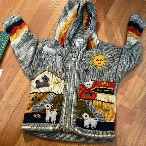 Toddler Sweater Animals Peru with Hoodie and Pockets Size 2 - Picture 1 of 5